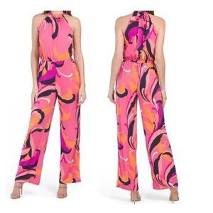 NWT TRINA TURK JUJU Jumpsuit Size L Pink Black Orange Halter Jumpsuit